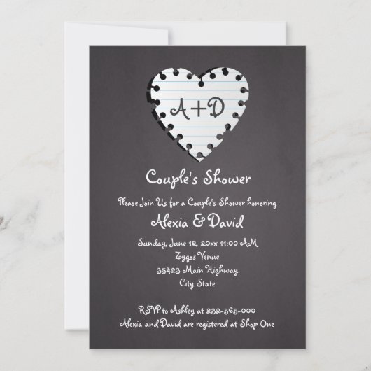 Invitation Coeur de papier sur tableau noir mariages couples (Devant)