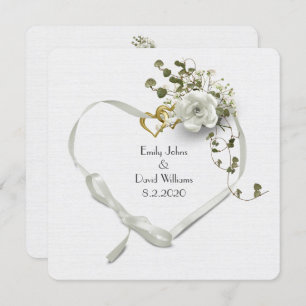 Invitation Coeur de ruban blanc mariage et bouquet de rose