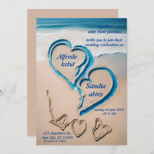 Invitation coeur d'été plage océan bleu mariage (Devant / Derrière)