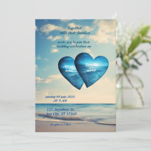 Invitation coeur d'été plage océan bleu mariage