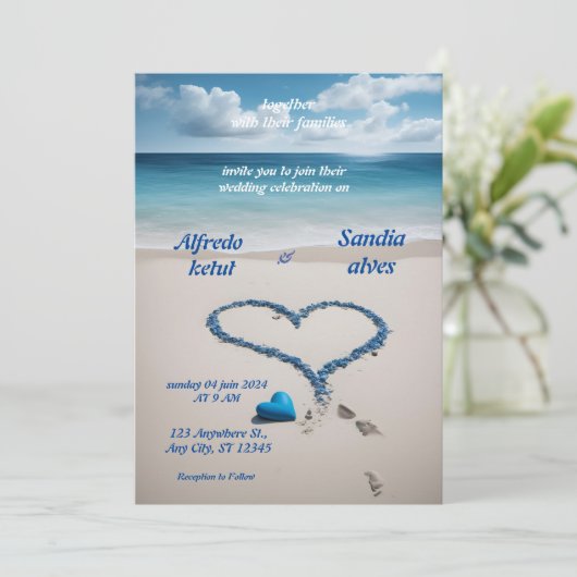 Invitation coeur d'été plage océan bleu mariage (Debout devant)