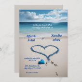 Invitation coeur d'été plage océan bleu mariage (Devant / Derrière)