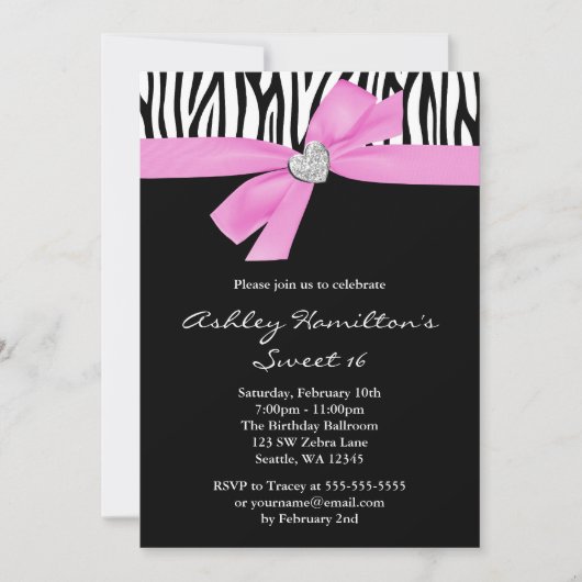 Invitation Coeur Diamant de cou rose Zebra Sweet 16 (Devant)
