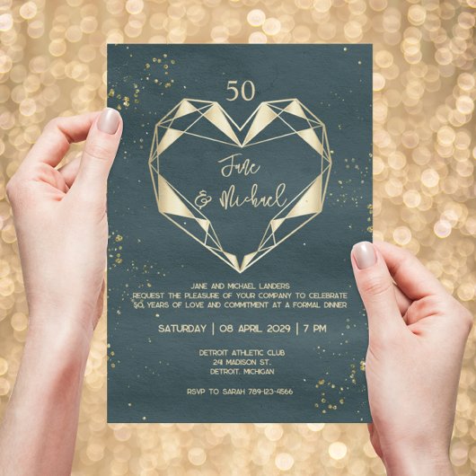 Invitation Coeur d'or géométrique vert turquoise 50e annivers
