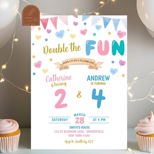 Invitation Cœur Double Célébration Garçon Fille Anniversaire 