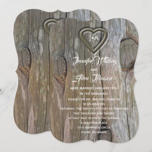 Invitation Coeur en bois sculpté de la réception de mariage (Devant / Derrière)
