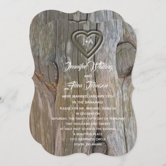 Invitation Cœur en bois sculpté pour la réception de mariage  (Devant / Derrière)