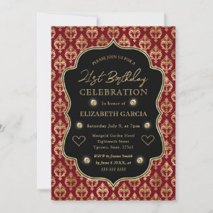 Invitation Cœur en Damas Rouge & Or 21ème Anniversaire