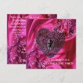 INVITATION CŒUR EN DENTELLE CUPID SUR TISSU DE SOIE ROSE FUCH (Devant / Derrière)