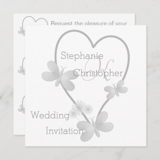 Invitation Coeur et papillons en argent Mariage monogramme (Devant / Derrière)