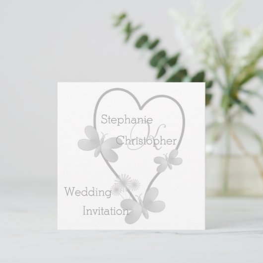 Invitation Coeur et papillons en argent Mariage monogramme (Debout devant)