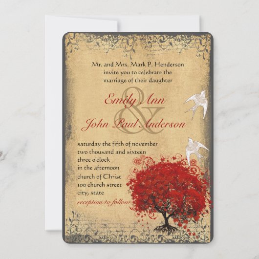 Invitation Coeur Feuille Rouge Arbre Dove Inséparable Mariage (Dos)