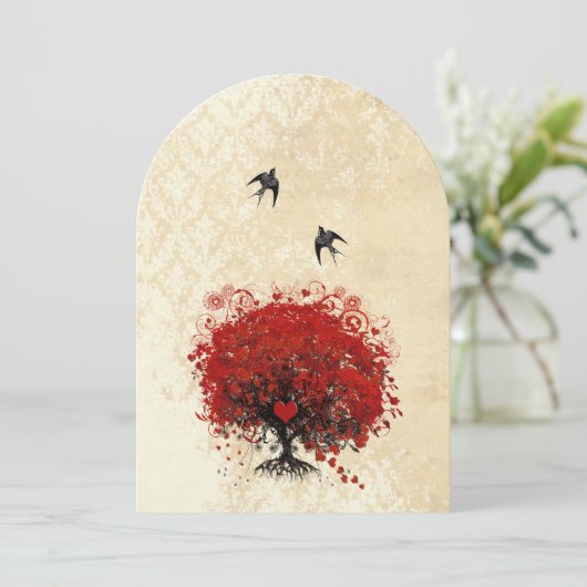 Invitation Coeur Feuille Rouge Arbre Vintage Oiseaux Mariage (Debout devant)