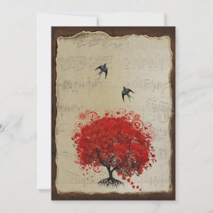 Invitation Coeur Feuille Rouge Arbre Vintage Oiseaux Mariage 