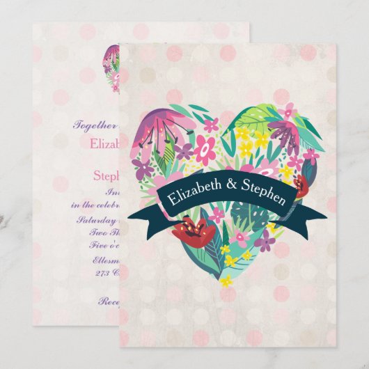 Invitation Coeur floral d'été avec Mariage de ruban (Devant / Derrière)
