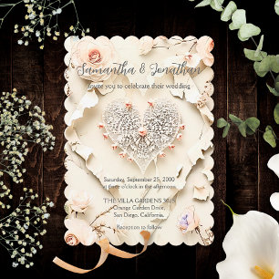 Invitation Cœur Floral en Dentelle d'Ivoire Mariage Romantiqu