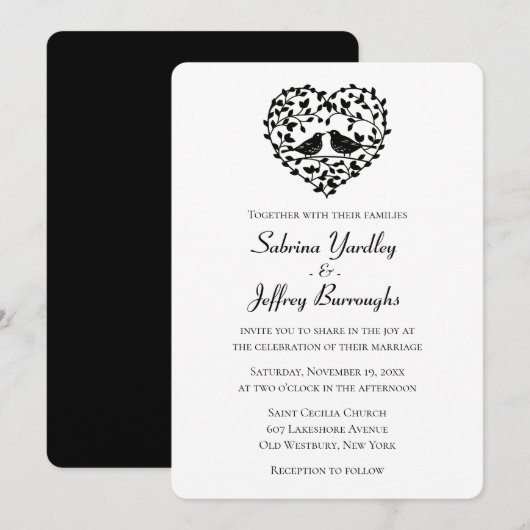 Invitation Coeur Floral Mariage Noir Et Blanc (Devant / Derrière)