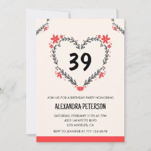 Invitation Cœur floral moderne pour elle, 39e anniversaire po