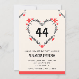 Invitation Cœur floral moderne tout âge pour ses 44 ans
