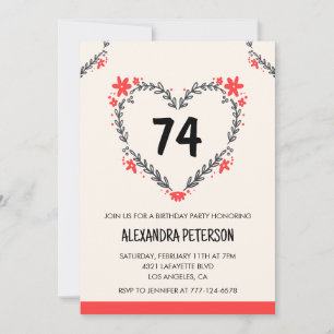 Invitation Cœur floral moderne tout âge pour ses 74 ans