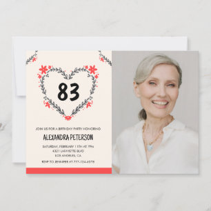 Invitation Cœur floral rouge élégant pour son 83e anniversair
