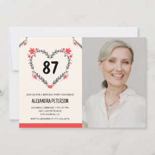 Invitation Cœur floral rouge élégant pour son 87e anniversair