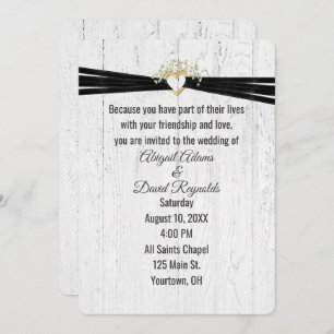 Invitation Coeur mariage avec ruban noir sur bois