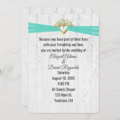 Invitation Coeur mariage avec ruban turquoise sur bois (Devant / Derrière)