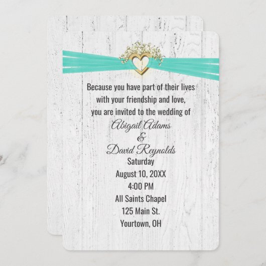 Invitation Coeur mariage avec ruban turquoise sur bois (Devant / Derrière)