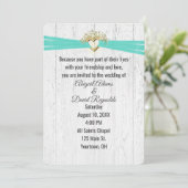 Invitation Coeur mariage avec ruban turquoise sur bois (Debout devant)