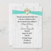 Invitation Coeur mariage avec ruban turquoise sur bois (Devant)