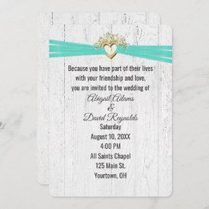 Invitation Coeur mariage avec ruban turquoise sur bois