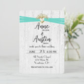 Invitation Coeur mariage avec ruban turquoise sur bois (Debout devant)
