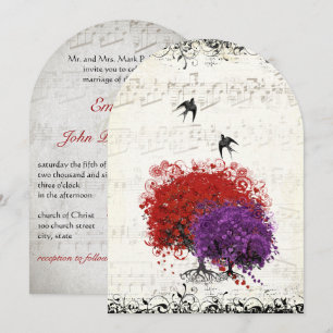 Invitation Cœur Musical Feuille Arbre Rouge Mariage Vintage O