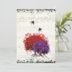 Invitation Cœur Musical Feuille Arbre Rouge Mariage Vintage O