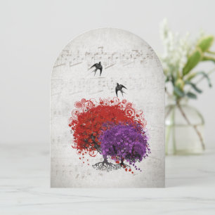 Invitation Cœur Musical Feuille Rouge Arbre Violet Oiseaux Ma