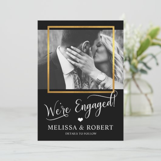 Invitation Cœur Or Feuille WE'RE ENGAGED Engagement | PHOTO (Debout devant)