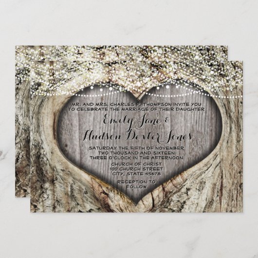 Invitation Coeur romantique dans le Mariage de forêt de tronc (Devant / Derrière)
