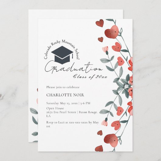 Invitation Coeur romantique Floral Printemps Graduation (Devant / Derrière)