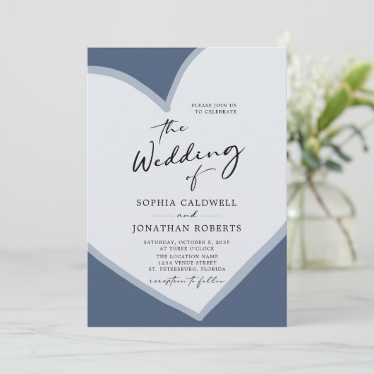 Invitation Coeur romantique QR Code RSVP Dusty Mariage bleu (Debout devant)