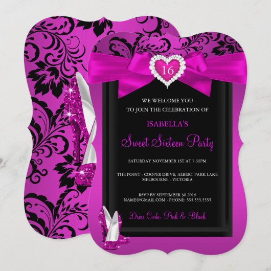 Invitation Coeur rose Doux 16 Anniversaire Fête talons hauts (Devant / Derrière)