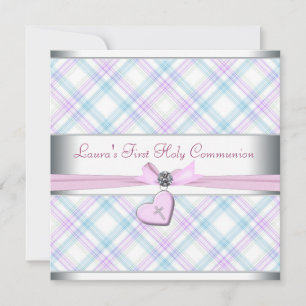 Invitation Cœur rose lavande Croix rose Première communion