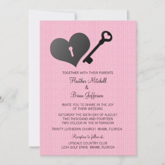 Invitation Coeur rose serrure et mariage clé (Devant)