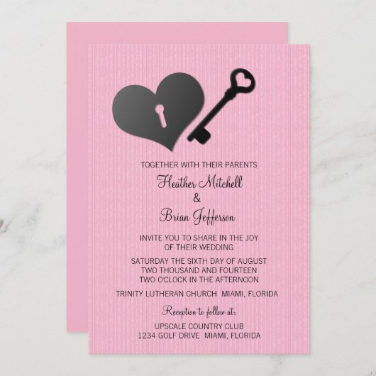 Invitation Coeur rose serrure et mariage clé (Devant / Derrière)
