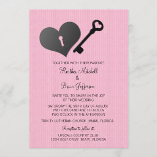 Invitation Coeur rose serrure et mariage clé