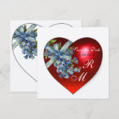 Invitation CŒUR ROUGE & MONOGRAMME PENSEE bleu or (Devant / Derrière)