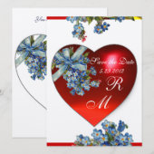 Invitation CŒUR ROUGE & MONOGRAMME PENSÉES Bleu Blanc (Devant / Derrière)