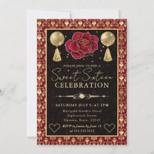 Invitation Cœur Rouge & Or Damassé & Rose Seize Ans