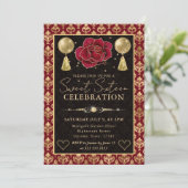 Invitation Cœur Rouge & Or Damassé & Rose Seize Ans (Debout devant)