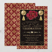 Invitation Cœur Rouge & Or Damassé & Rose Seize Ans (Devant / Derrière)